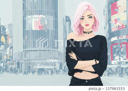 絵美シリーズ：都会の街中に立つピンク髪の若い女性のイラスト素材 137963353