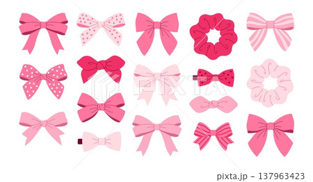 Set of cute pink bows scrunchies and hair clips for fashion illustration Set of cute pink bows scrunchies and hair clips for fashion illustration 137963423