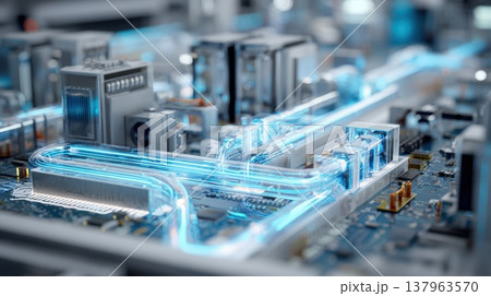 Futuristic circuit board with blue glowing light energy trails and liquid cooling system pipes, high tech computer hardware motherboard with advanced processing units and data transfer visualization 137963570