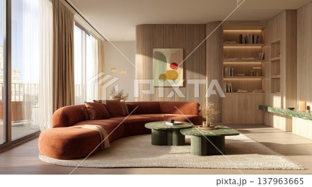 Sophisticated interior featuring a plush velvet sectional, designer marble tables, and built-in lit shelving. A warm, airy atmosphere showcasing elegant textures and contemporary japandi style 137963665