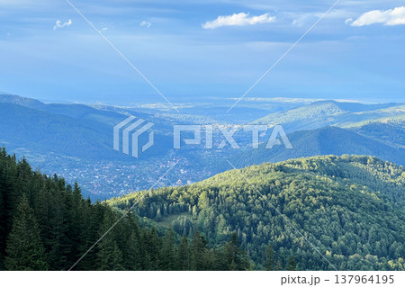 Breathtaking view of valley nestled among rolling hills in Ukraine. Lush forested landscape stretches out to distant town Yaremche, bathed in soft sunlight under serene, cloud-speckled sky. 137964195