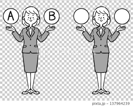 選項 A 和 B：年輕女性上班族，全身像，向量圖（單色） 137964239