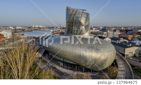 FRANCE, GIRONDE, BORDEAUX, AERIAL VIEW OF THE CITE DU VIN DESIGNED BY THE ARCHITECTS OF THE XTU 137964675
