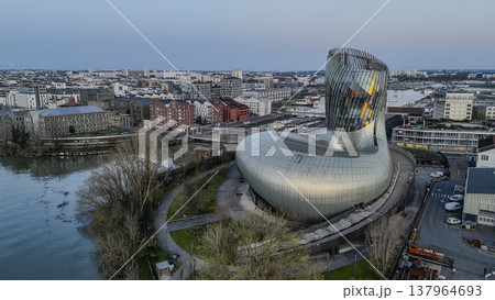 FRANCE, GIRONDE, BORDEAUX, AERIAL VIEW OF THE CITE DU VIN DESIGNED BY THE ARCHITECTS OF THE XTU 137964693