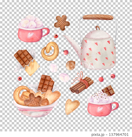 Cozy watercolor food clipart set with teapot, cocoa, cookies, chocolate and sweets. Hygge dessert elements isolated illustration Cozy watercolor food clipart set with teapot, cocoa, cookies, chocolate and sweets. Hygge dessert elements isolated illustration 137964701