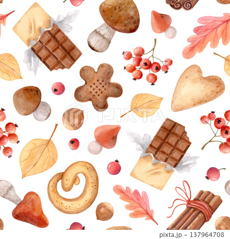 Autumn watercolor sweets seamless pattern with cookies, chocolate, mushrooms and leaves. Cozy fall dessert background for textile 137964708