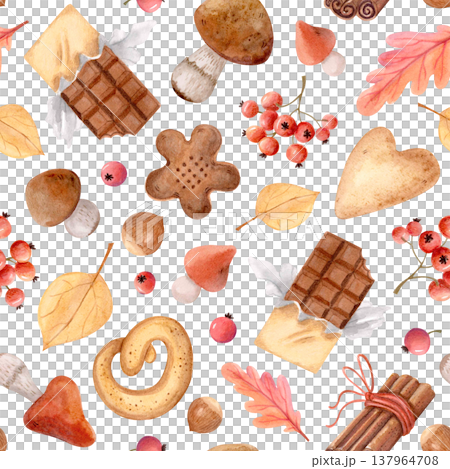 Autumn watercolor sweets seamless pattern with cookies, chocolate, mushrooms and leaves. Cozy fall dessert background for textile 137964708