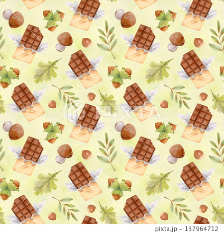 Autumn watercolor seamless pattern with sweets, leaves, chocolate, mushrooms and nuts. Cozy seasonal background for textile prints Autumn watercolor seamless pattern with sweets, leaves, chocolate, mushrooms and nuts. Cozy seasonal background for textile prints 137964712