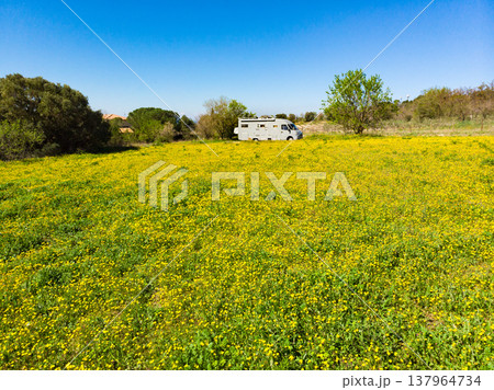 Camping car parked at meadow with blue sky during daytime in a rural area 137964734