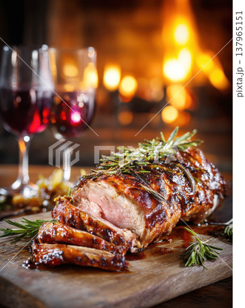 Close-up of a perfectly roasted and sliced loin of pork or beef tenderloin glazed with sauce and topped with fresh rosemary on a wooden board. Background features red wine glasses and a cozy fireplace 137965151