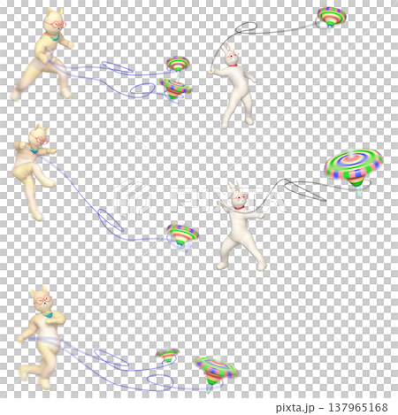 擬人化的貓和兔子表演雜技般的旋轉陀螺特技（5組用於合成） 137965168