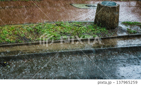 Heavy rain drops falling on city street. 137965259