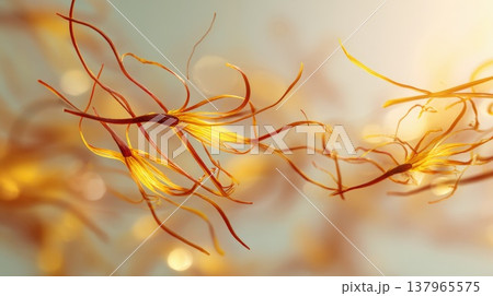 Safran Stigmas Close-Up Abstract: Delicate Red and Yellow Threads Floating in Soft Light - High-Resolution Spice and Botany Concept 137965575