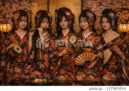 桜の夜に伝統楽器を奏でる和装女性グループ｜和文化と幻想的な春の情景 137965654
