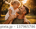 Happy Father Giving Daughter Shoulder Ride in Park at Sunset 137965786