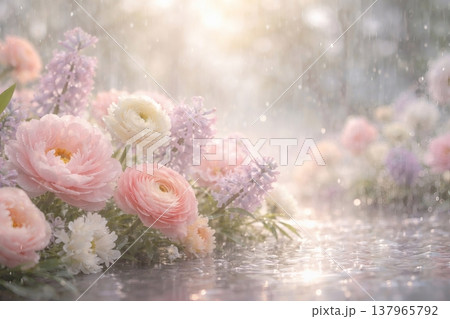 Dreamy Pastel Flowers in Gentle Rain 137965792