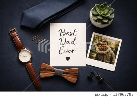 Best Dad Ever Flat Lay with Watch, Tie, Bow Tie, Cufflinks and Family Photo 137965795