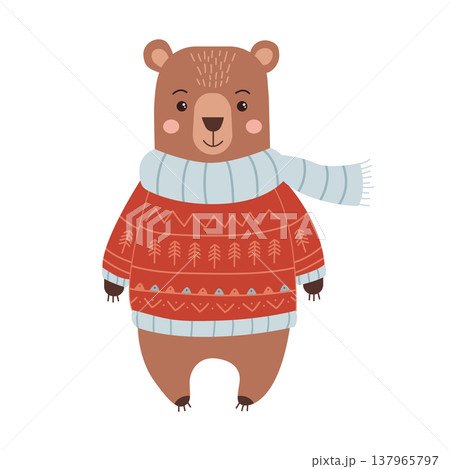Vector illustration of cute brown bear wearing red knit sweater and striped scarf on white background Vector illustration of cute brown bear wearing red knit sweater and striped scarf on white background 137965797