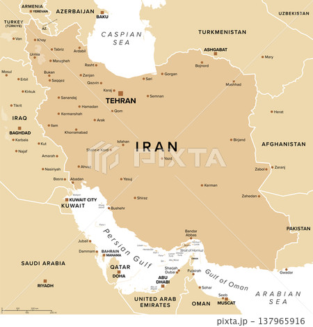 Islamic Republic of Iran, sand colored political map, with international borders, capital Tehran and major cities. Also known as Persia, a country in West Asia, bordering the Persian Gulf. Vector 137965916