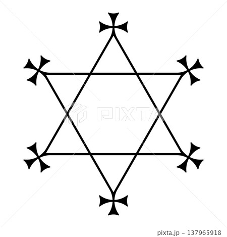 Hexagram shaped pentacle with crosses at the points. Protective sigil in the shape of a six-pointed star or sexagram, with crosses patty on each point. Isolated, black and white illustration. Vector Hexagram shaped pentacle with crosses at the points. Protective sigil in the shape of a six-pointed star or sexagram, with crosses patty on each point. Isolated, black and white illustration. Vector 137965918