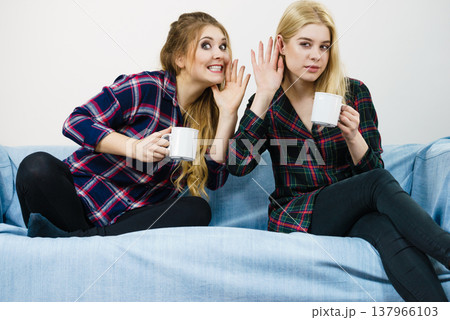 Female friends gossiping together Female friends gossiping together 137966103
