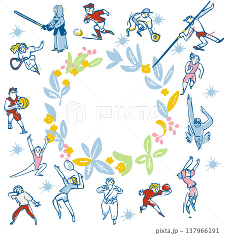 多種多様なスポーツ競技者を円形に配置したデザイン素材 137966191