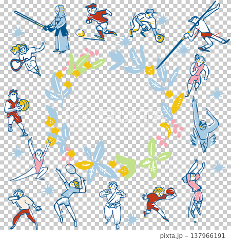 多種多様なスポーツ競技者を円形に配置したデザイン素材 137966191