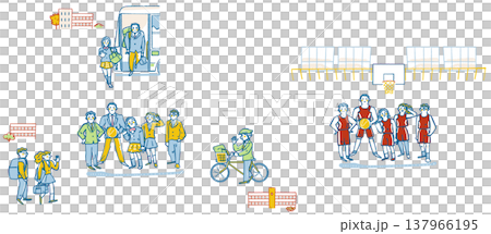 Scenes of students interacting with each other while traveling by bus or bicycle, which marks the transition from club activities to community activities. 137966195