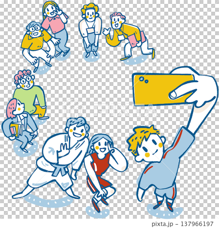 A successful scene of a club activity's transition into the community: students, teachers, local residents, and experts taking a selfie together in a circle. 137966197