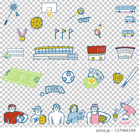 部活動の地域移行で活用する施設や送迎バスの拠点アイコンセット 137966199