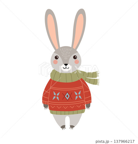 Adorable vector grey hare character in red geometric knit sweater and green scarf on white background Adorable vector grey hare character in red geometric knit sweater and green scarf on white background 137966217