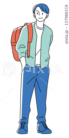 春夏のカジュアルな服装でリュックを背負って立つ20代男性の全身イラスト 137966319
