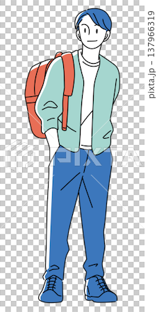 A full-body illustration of a man in his 20s standing with a backpack on, dressed in casual spring/summer clothing. A full-body illustration of a man in his 20s standing with a backpack on, dressed in casual spring/summer clothing. 137966319