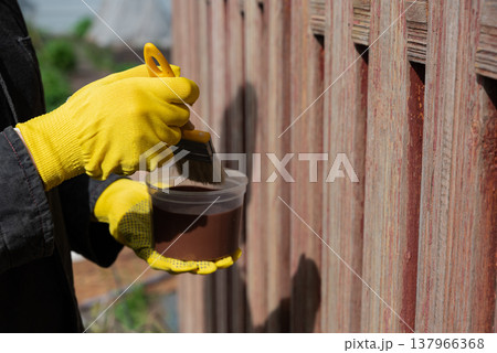 Person applying brown paint to wooden fence while wearing yellow gloves during daytime in a garden setting Person applying brown paint to wooden fence while wearing yellow gloves during daytime in a garden setting 137966368