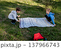 Two boys spreading picnic blanket on grass in park, preparing outdoor activity, teamwork and summer leisure 137966743