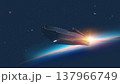Sci-fi vector illustration of a futuristic spaceship leaving a planet atmosphere and entering deep space at sunrise. 137966749