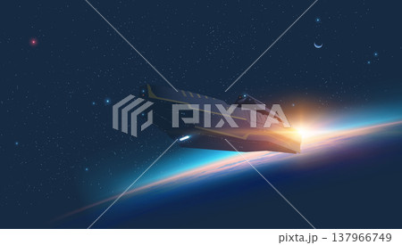 Sci-fi vector illustration of a futuristic spaceship leaving a planet atmosphere and entering deep space at sunrise. 137966749