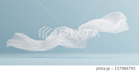 Sheer white chiffon fabric flowing in the wind on light blue background 3D render 137966785