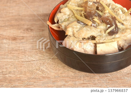 steamed white tofu stuffed mashed pork with black ear mushroom and slice ginger in soy sauce on bowl steamed white tofu stuffed mashed pork with black ear mushroom and slice ginger in soy sauce on bowl 137966837