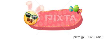 Easter pink horizontal banner with happy emoji mascot. Easter Smiling character with sunglasses and bunny ears, colorful eggs and text space on white background. Festive spring vector illustration Easter pink horizontal banner with happy emoji mascot. Easter Smiling character with sunglasses and bunny ears, colorful eggs and text space on white background. Festive spring vector illustration 137966840
