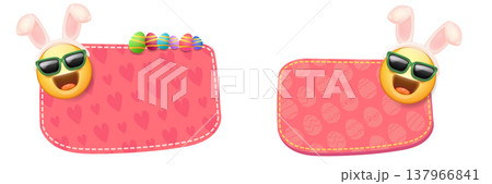 Easter pink horizontal banner with happy emoji mascot. Easter Smiling character with sunglasses and bunny ears, colorful eggs and text space on white background. Festive spring vector illustration 137966841