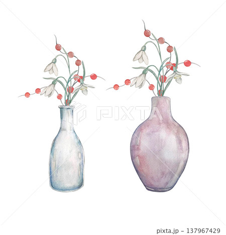 vase with flower watercolor set vase with flower watercolor set 137967429