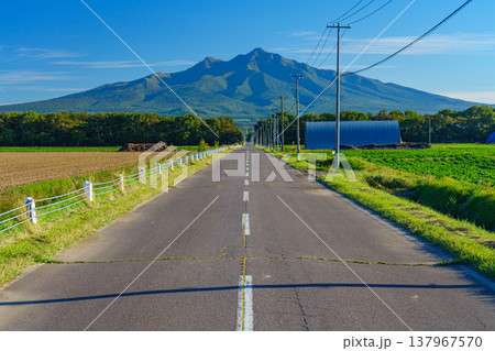 北海道道東の斜里岳へ続く直線道路と美しい田園風景 北海道道東の斜里岳へ続く直線道路と美しい田園風景 137967570