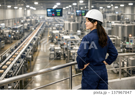 製造ライン全体を見渡す女性オペレーター 137967847