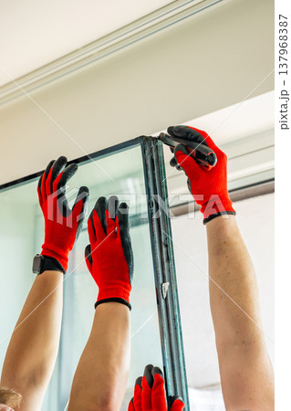 Worker separating triple glazed window glass unit into individual panels for safe handling and disposal after damage in apartment. Window repair, glass recycling and maintenance process concept. 137968387