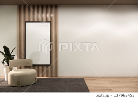 living room has arm chair, Mock up carpet on wooden floor on white wall with plants and wall wooden design decoration.3D rendering living room has arm chair, Mock up carpet on wooden floor on white wall with plants and wall wooden design decoration.3D rendering 137968455
