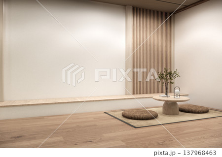 lowtable set and decoration japandi on white Modern living room modern white .3D rendering 137968463