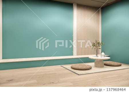 lowtable set and decoration japandi on mint Modern living room modern white and wooden panel wall .3D rendering 137968464