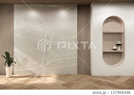 Modern japandi style Empty room minimal with wood panels wall background 3D illustration rendering Modern japandi style Empty room minimal with wood panels wall background 3D illustration rendering 137968486