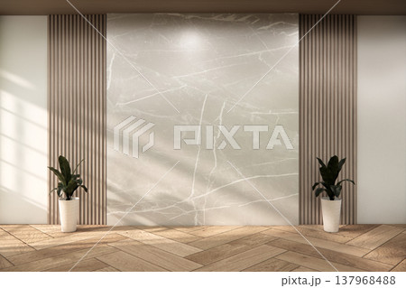 Modern japandi style Empty room minimal with wood panels wall background 3D illustration rendering Modern japandi style Empty room minimal with wood panels wall background 3D illustration rendering 137968488